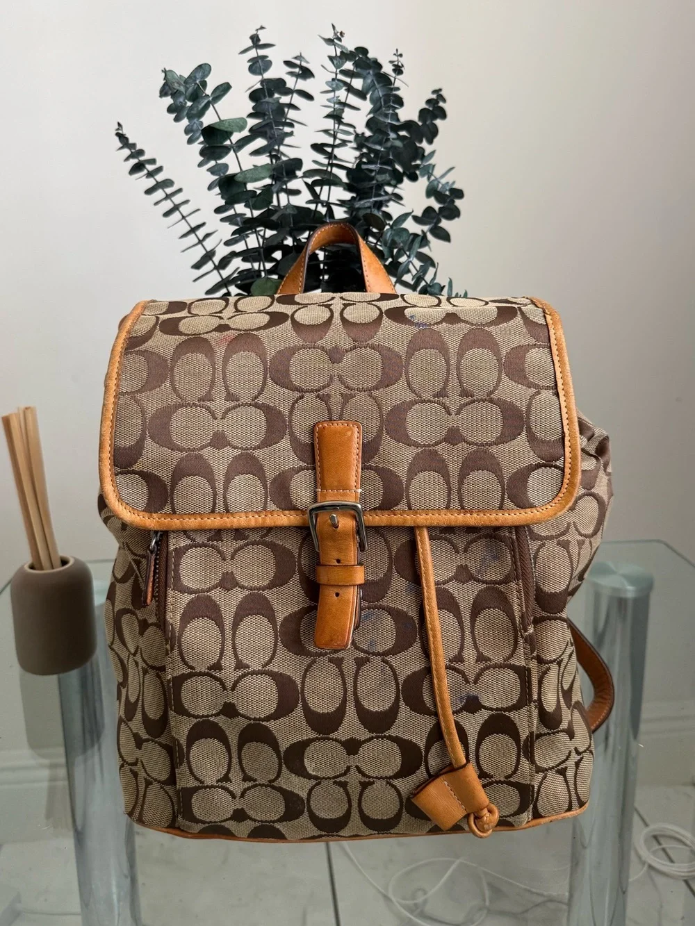 Coach Brown Signature Canvas Backpack with Tan Leather Trim